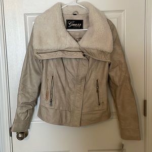Tan leather fur jacket